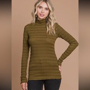 WARM OLIVE Textured Turtleneck Long Sleeve Top